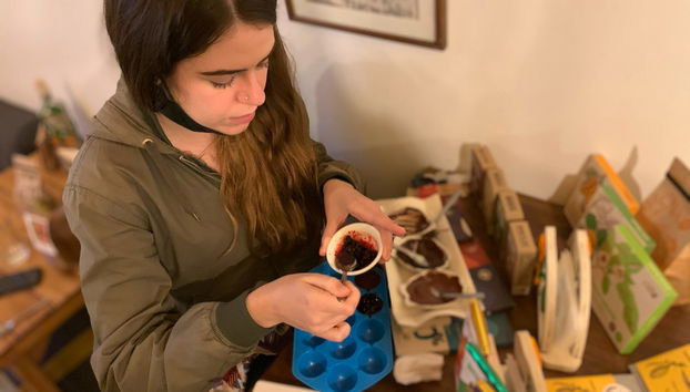 Preparing the moulds for the chocolates