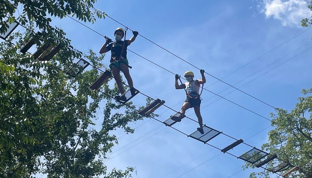 Crossing a hanging bridge